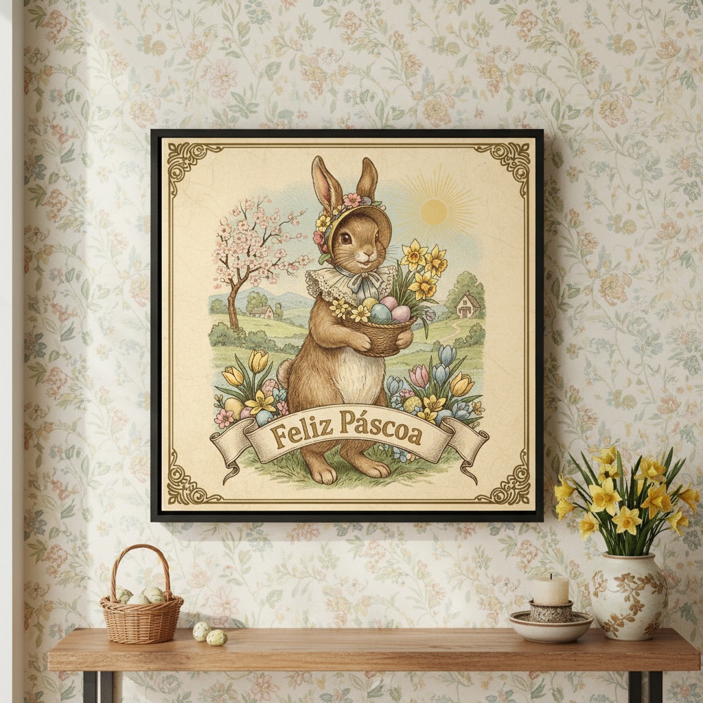 Quadro Coelha Vintage Feliz Páscoa - 33x33 Cm