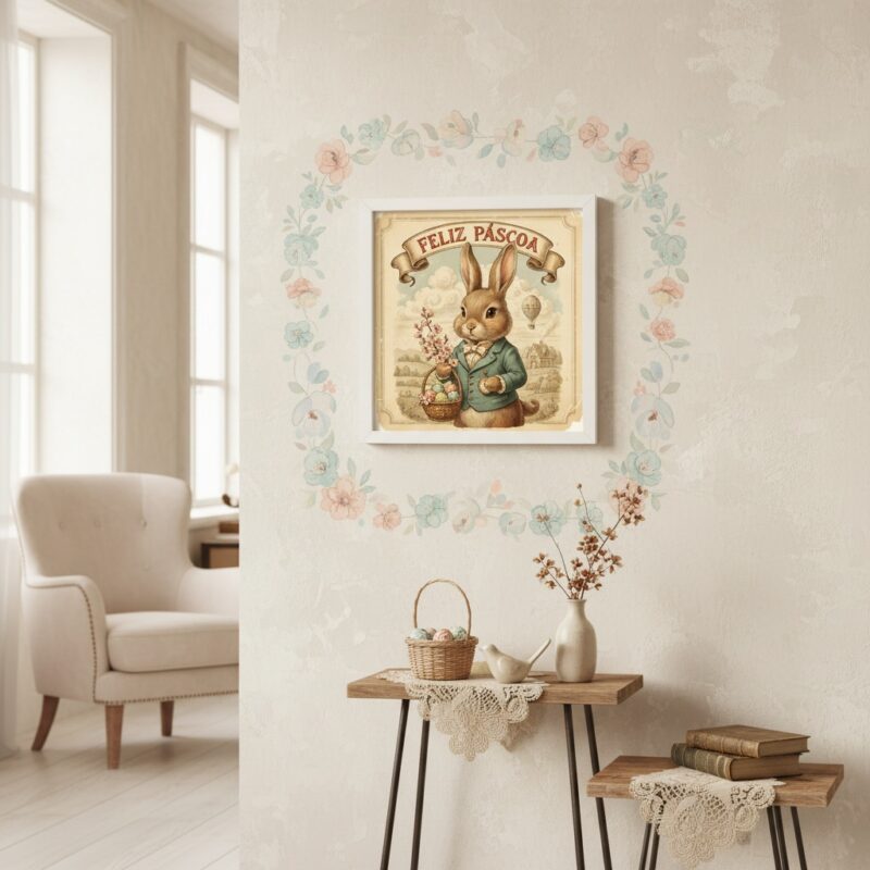 Quadro Coelhinho Vintage Feliz Páscoa - 33x33 Cm