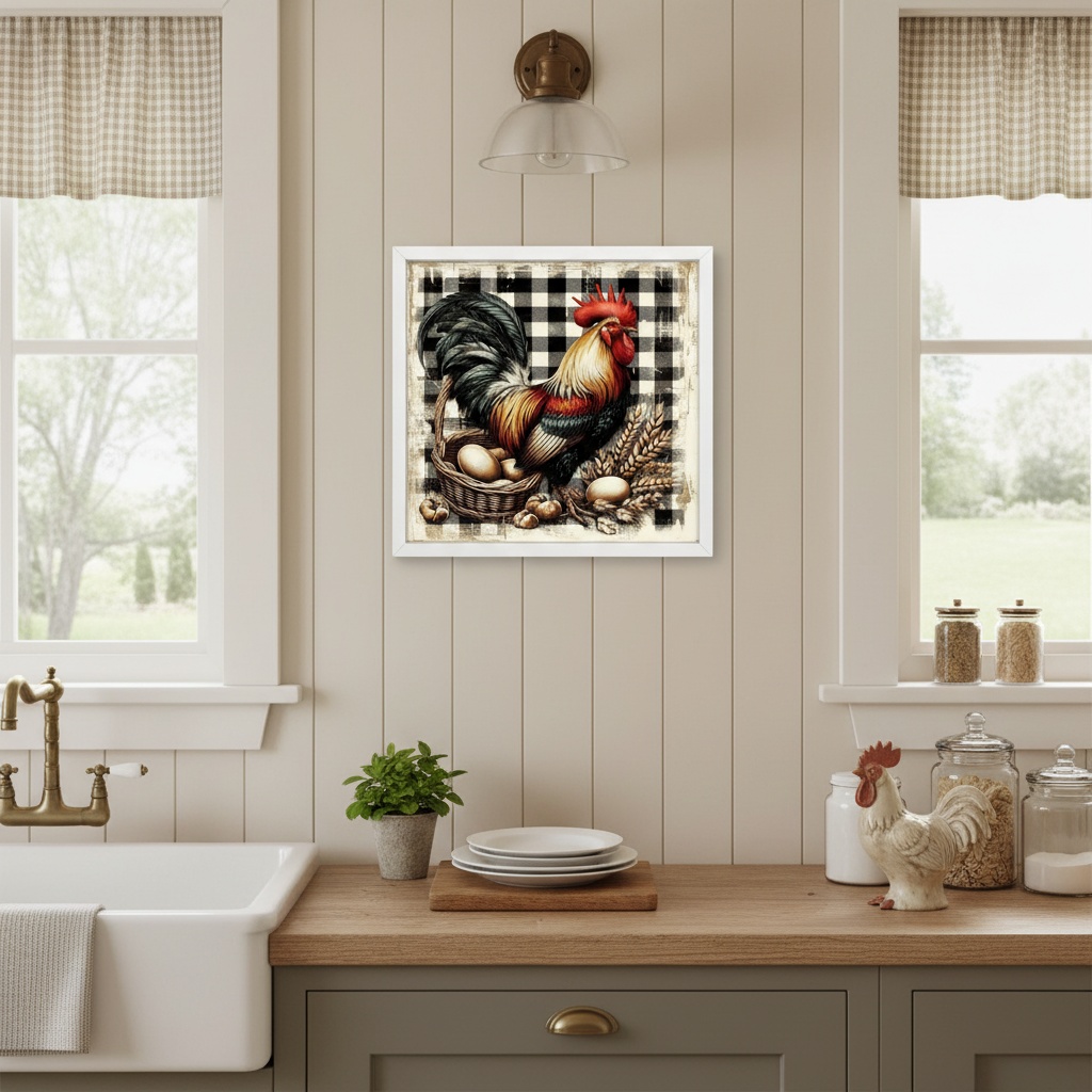 Quadro Cozinha Country Galo Xadrez - 33x33 Cm