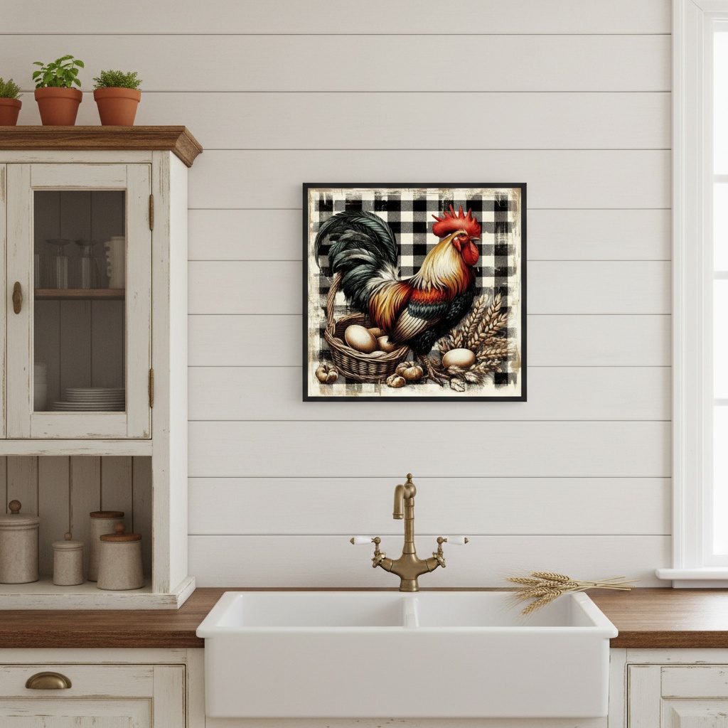 Quadro Cozinha Country Galo Xadrez - 33x33 Cm