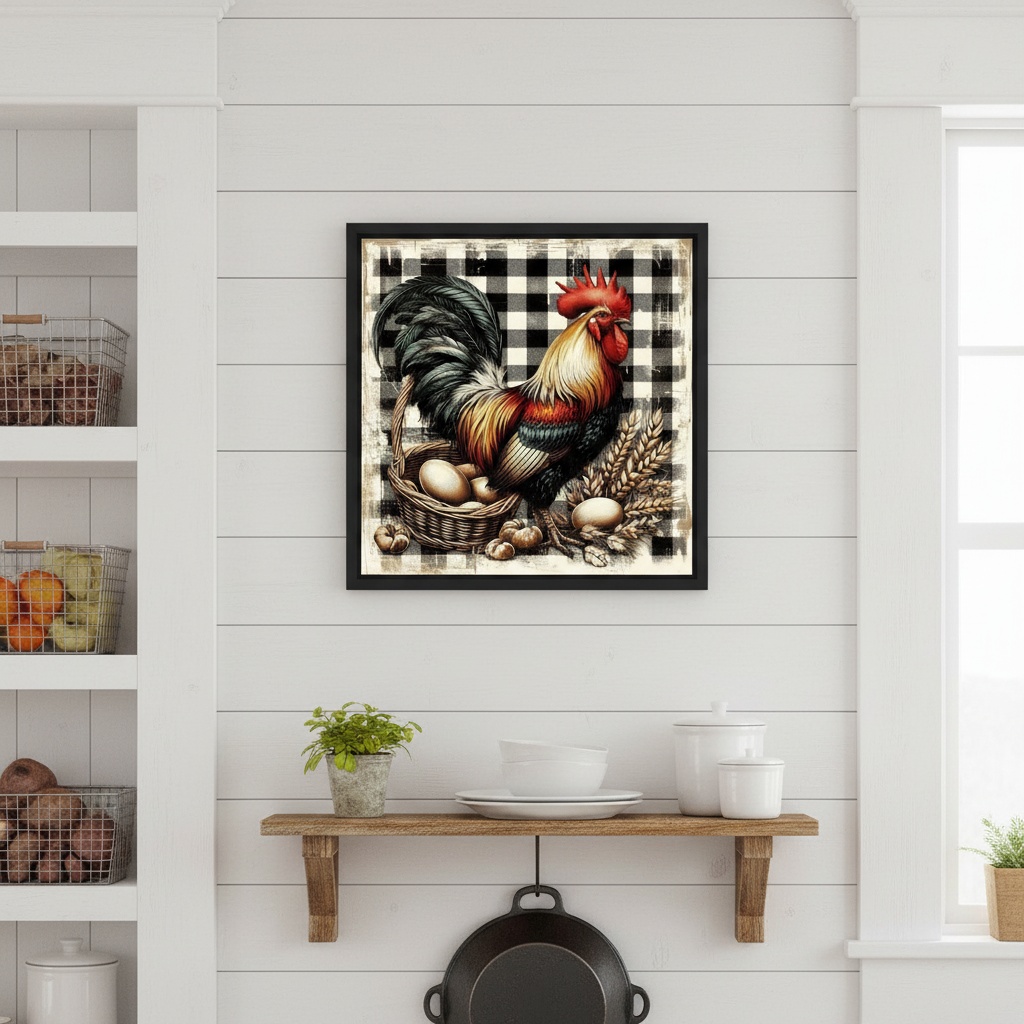 Quadro Cozinha Country Galo Xadrez - 33x33 Cm