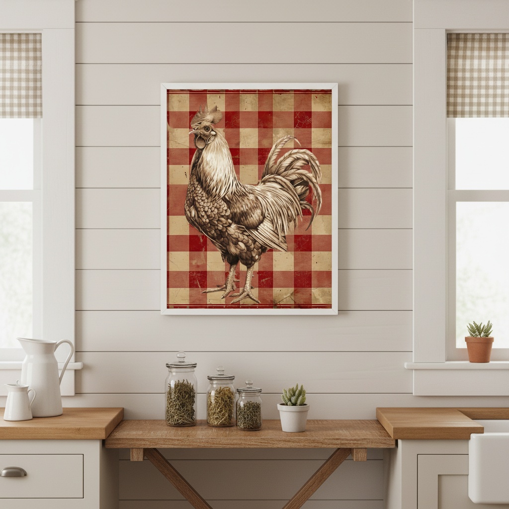 Quadro Cozinha Rústica Galo Country Xadrez
