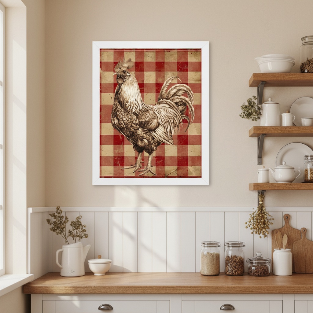 Quadro Cozinha Rústica Galo Country Xadrez