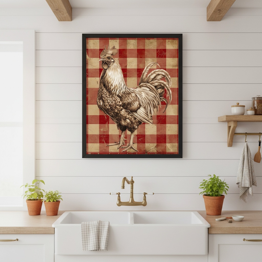 Quadro Cozinha Rústica Galo Country Xadrez