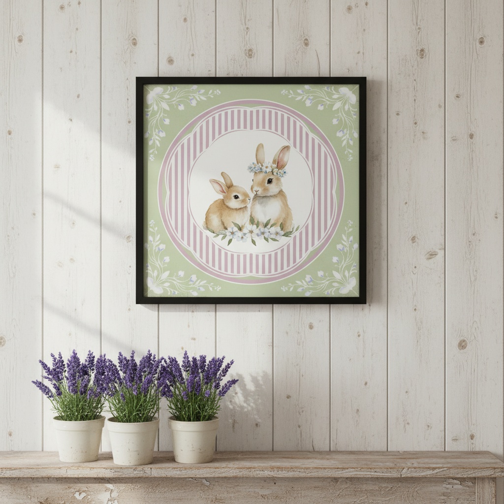Quadro Decorativo Coelhinhos Vintage -33x33 Cm