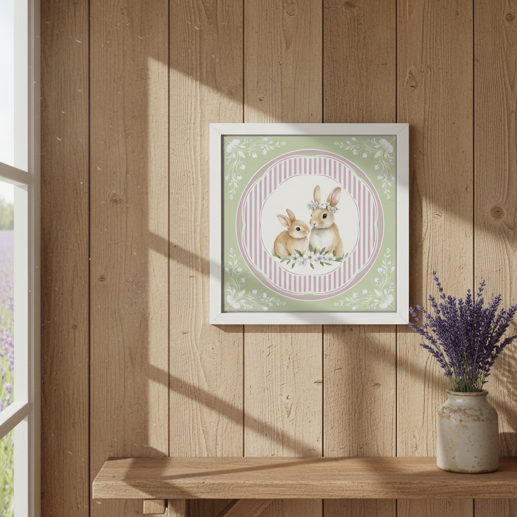 Quadro Decorativo Coelhinhos Vintage -33x33 Cm