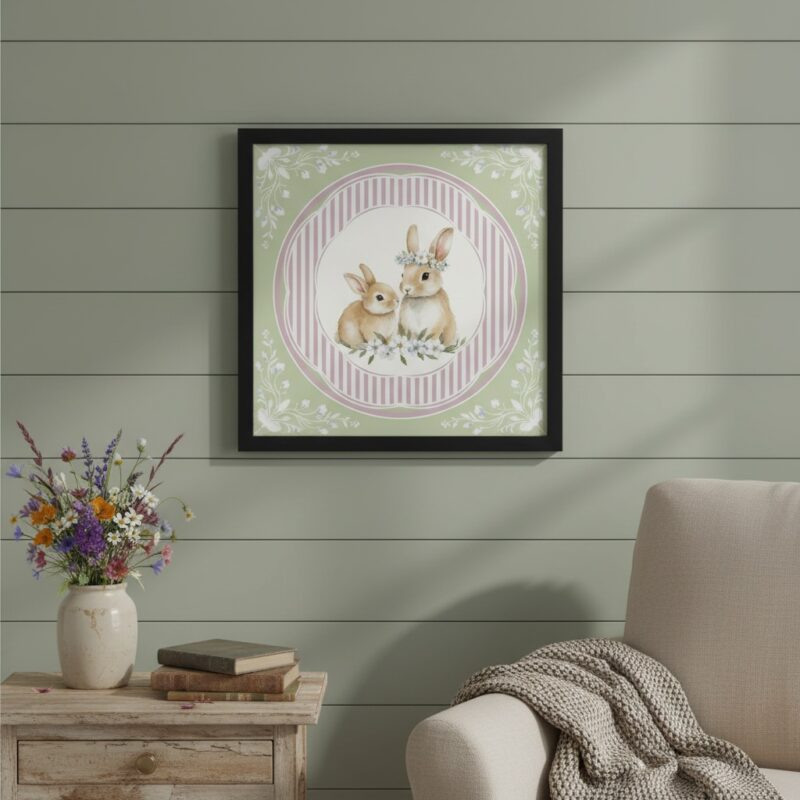 Quadro Decorativo Coelhinhos Vintage -33x33 Cm