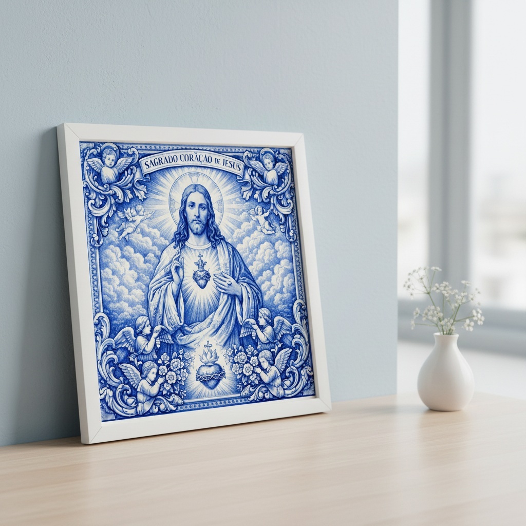 Quadro Estilo Azulejo Sagrado Coração De Jesus - 33x33 Cm