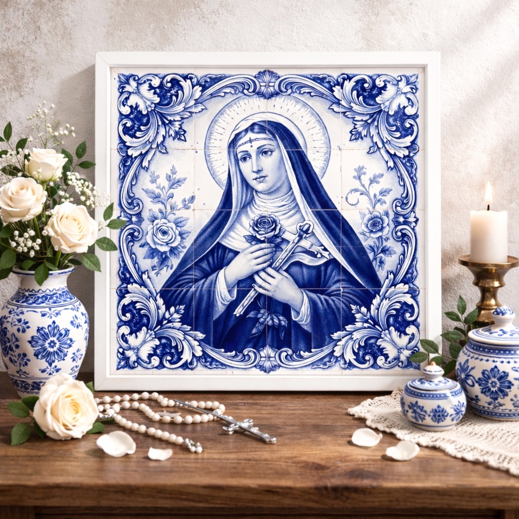 Quadro Santa Rita de Cássia Estilo Azulejo - 33x33 Cm