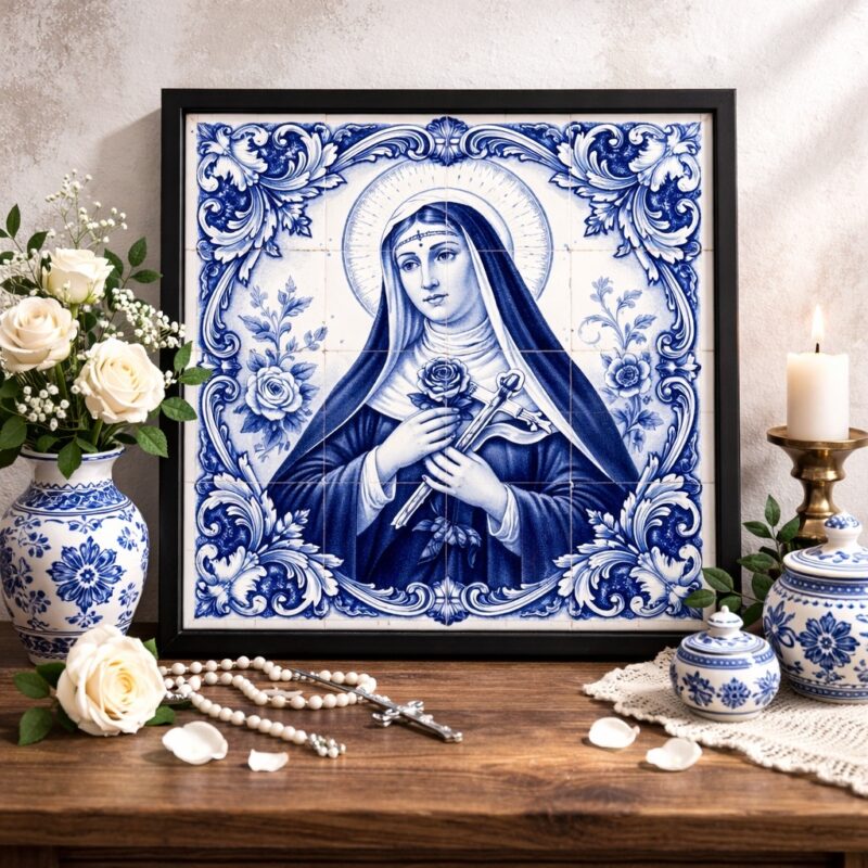 Quadro Santa Rita de Cássia Estilo Azulejo - 33x33 Cm