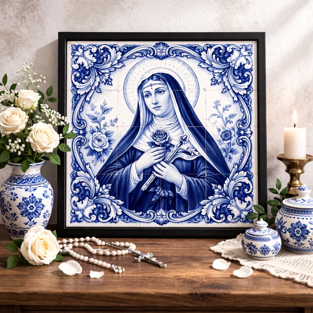 Quadro Santa Rita de Cássia Estilo Azulejo - 33x33 Cm