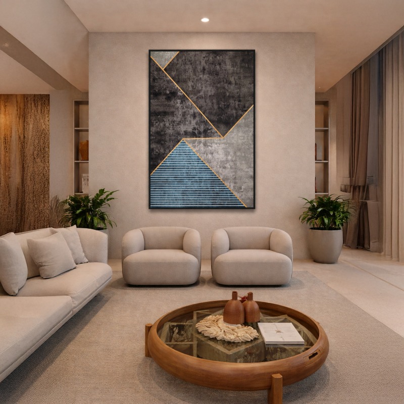 Quadro Canvas Abstrato Cinza Azul Dourado