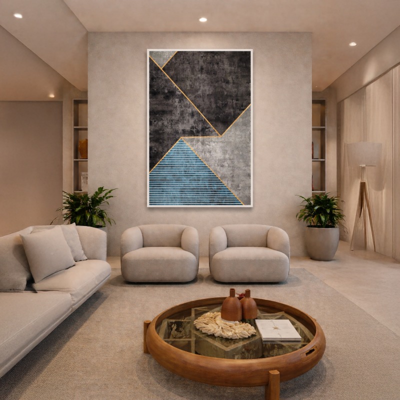 Quadro Canvas Abstrato Cinza Azul Dourado