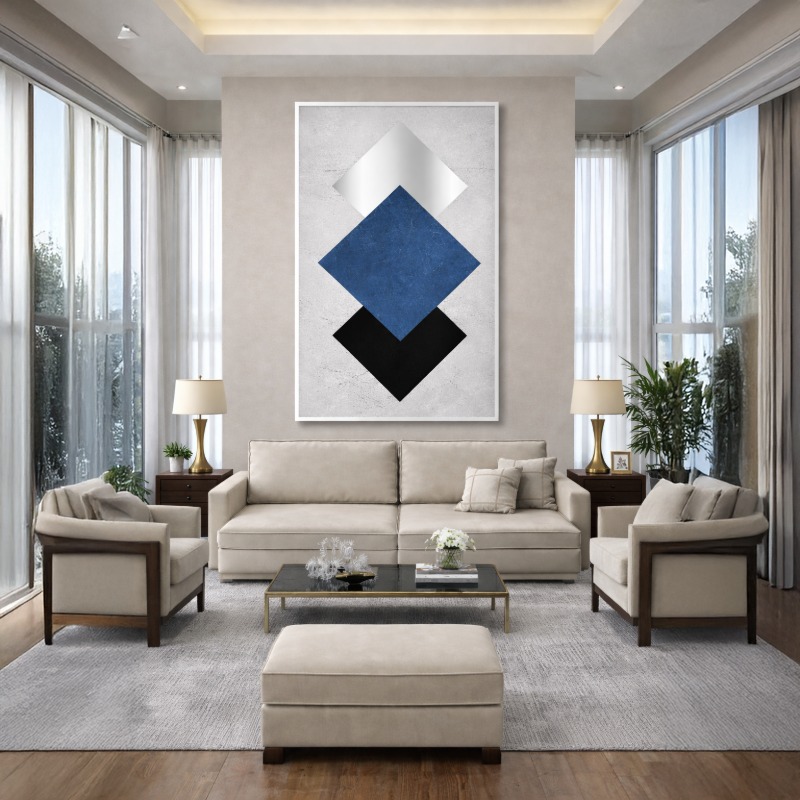 Quadro Canvas Geométrico Azul e Prata