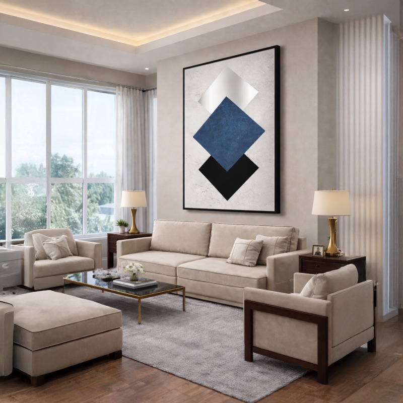 Quadro Canvas Geométrico Azul e Prata