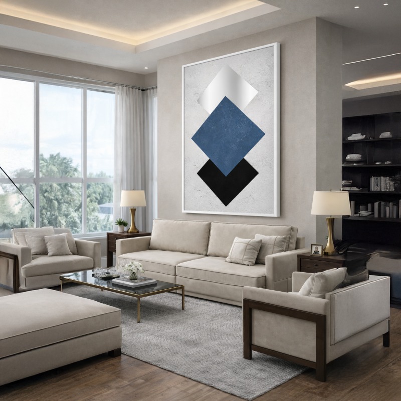 Quadro Canvas Geométrico Azul e Prata