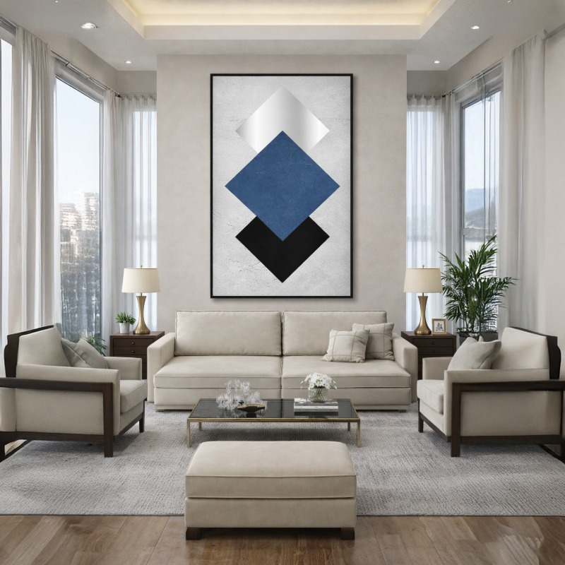 Quadro Canvas Geométrico Azul e Prata
