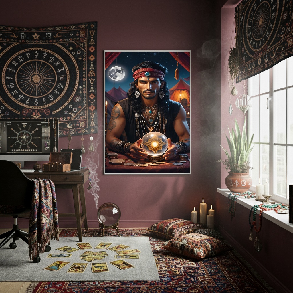Quadro Decorativo Cigano Com Bola De Cristal -70x50cm