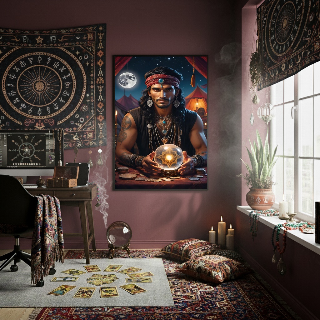 Quadro Decorativo Cigano Com Bola De Cristal -70x50cm