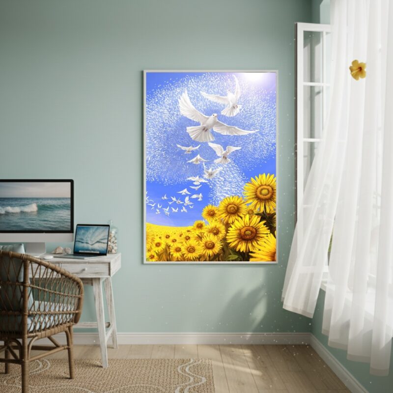 Quadro Decorativo Girassóis E Pombas - 70x50cm