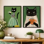 Kit 2 Quadros Cozinha Chá Café Gatinhos Verdes