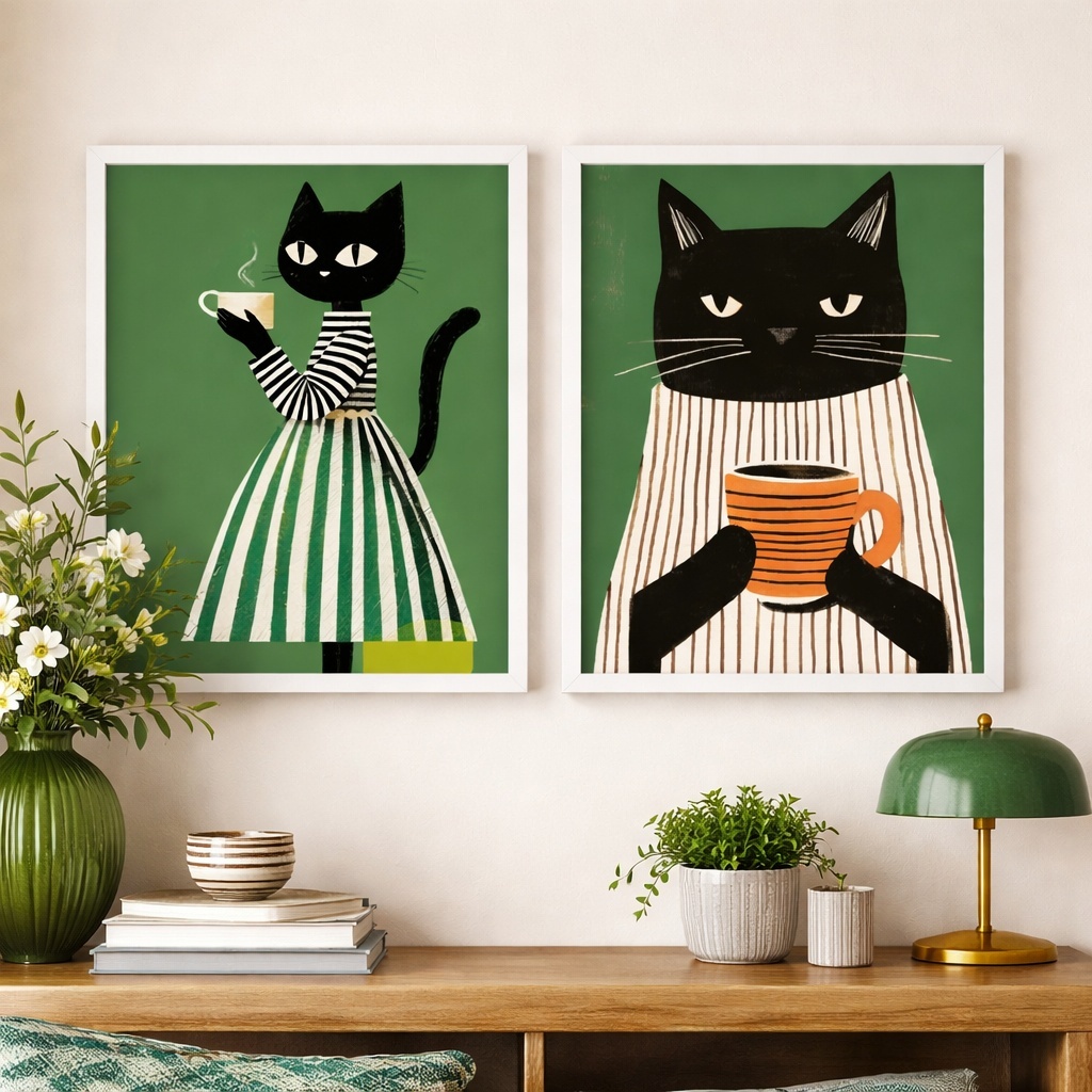 Kit 2 Quadros Cozinha Chá Café Gatinhos Verdes