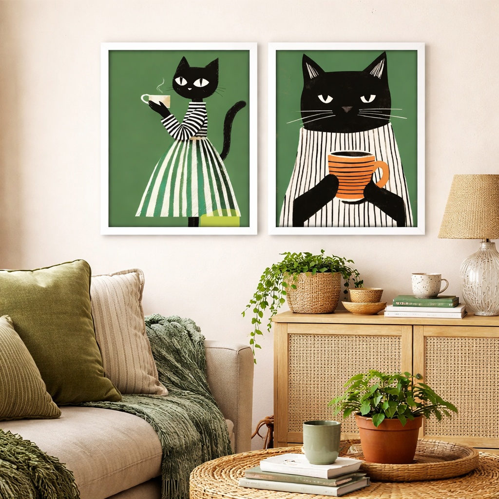 Kit 2 Quadros Cozinha Chá Café Gatinhos Verdes