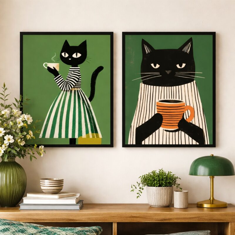 Kit 2 Quadros Cozinha Chá Café Gatinhos Verdes