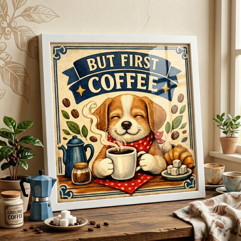 Quadro But First Coffee Cachorrinho - 33x33 Cm