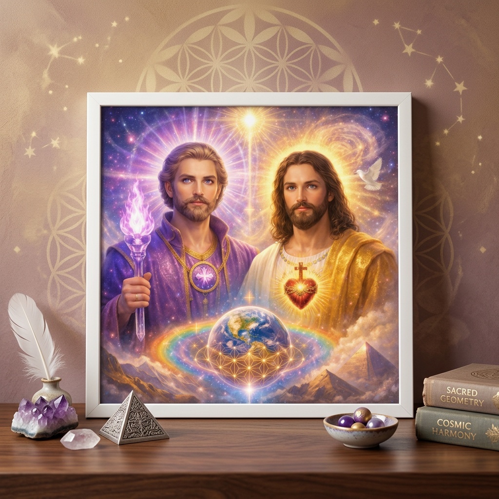 Quadro Mestre San Germain e Jesus Cristo - 33x33 Cm
