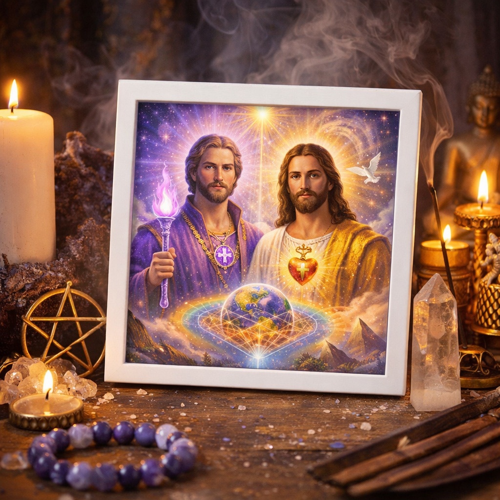 Quadro Mestre San Germain e Jesus Cristo - 33x33 Cm