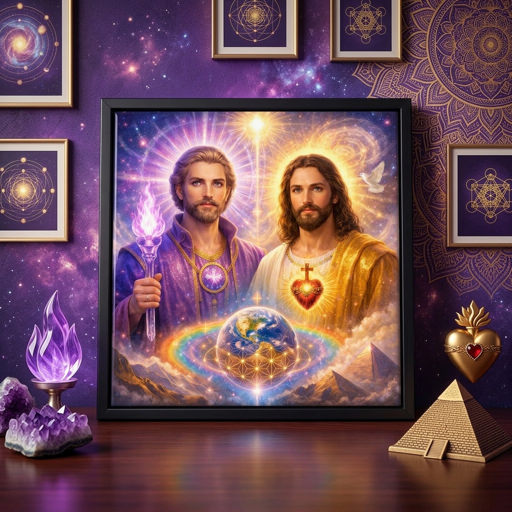 Quadro Mestre San Germain e Jesus Cristo - 33x33 Cm