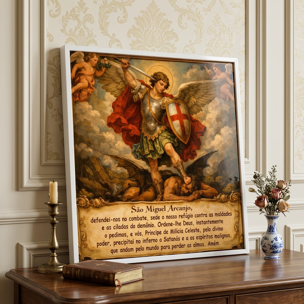 Quadro São Miguel Arcanjo Com Oração - 33x33 Cm