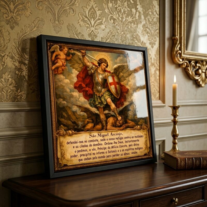 Quadro São Miguel Arcanjo Com Oração - 33x33 Cm
