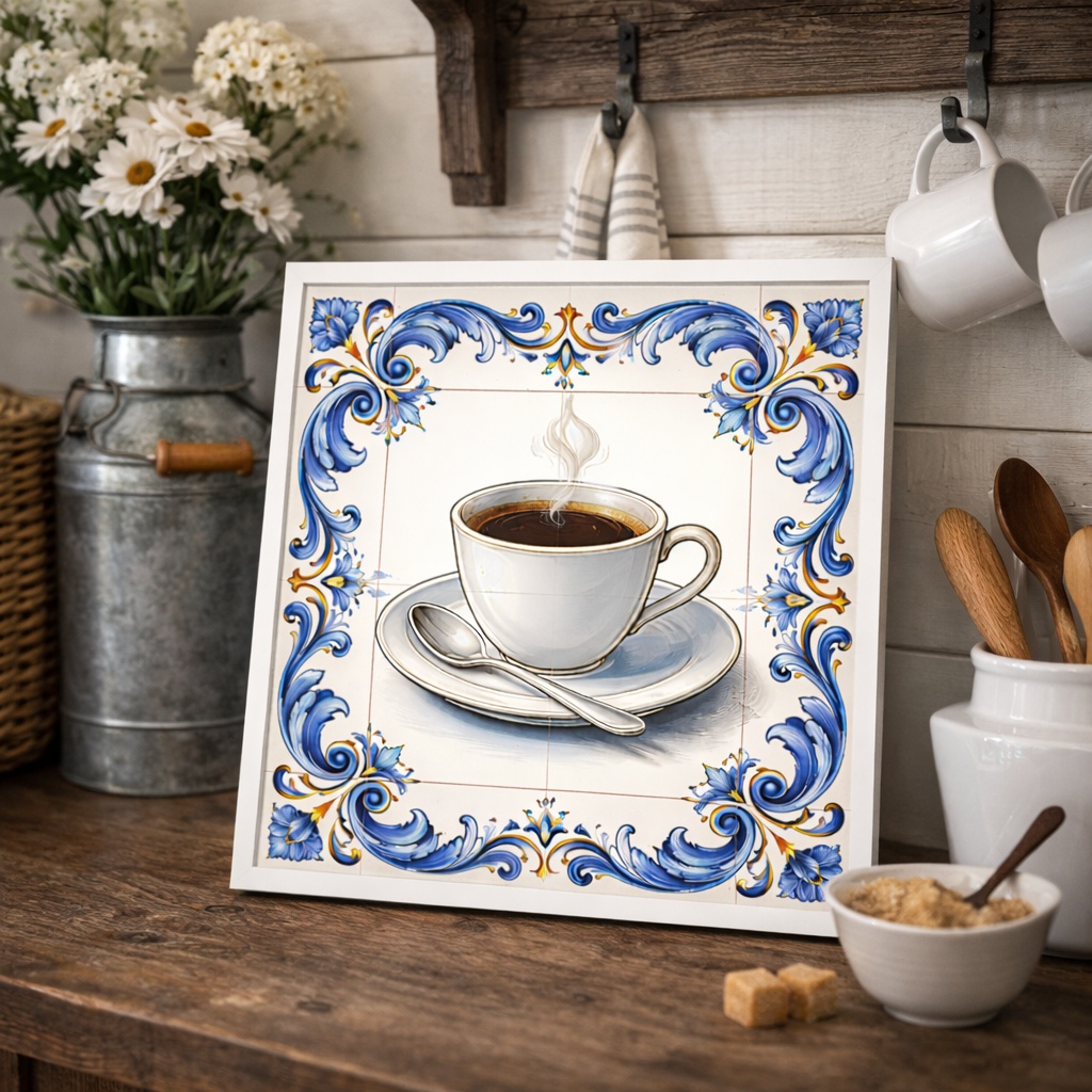 Quadro Xícara de Café Vintage - 33x33 Cm