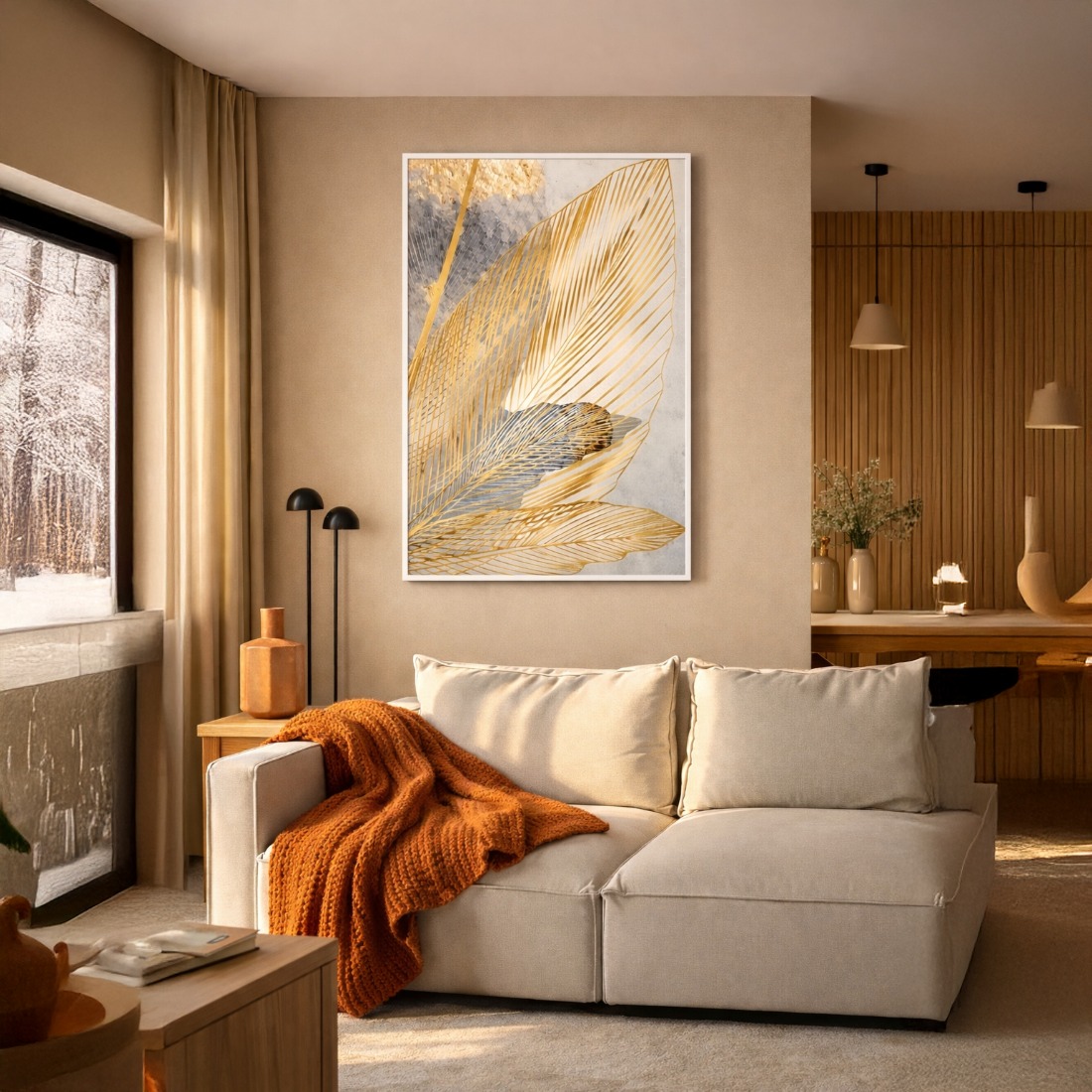 Quadro Canvas Abstrato Folhas de Bananeira Douradas
