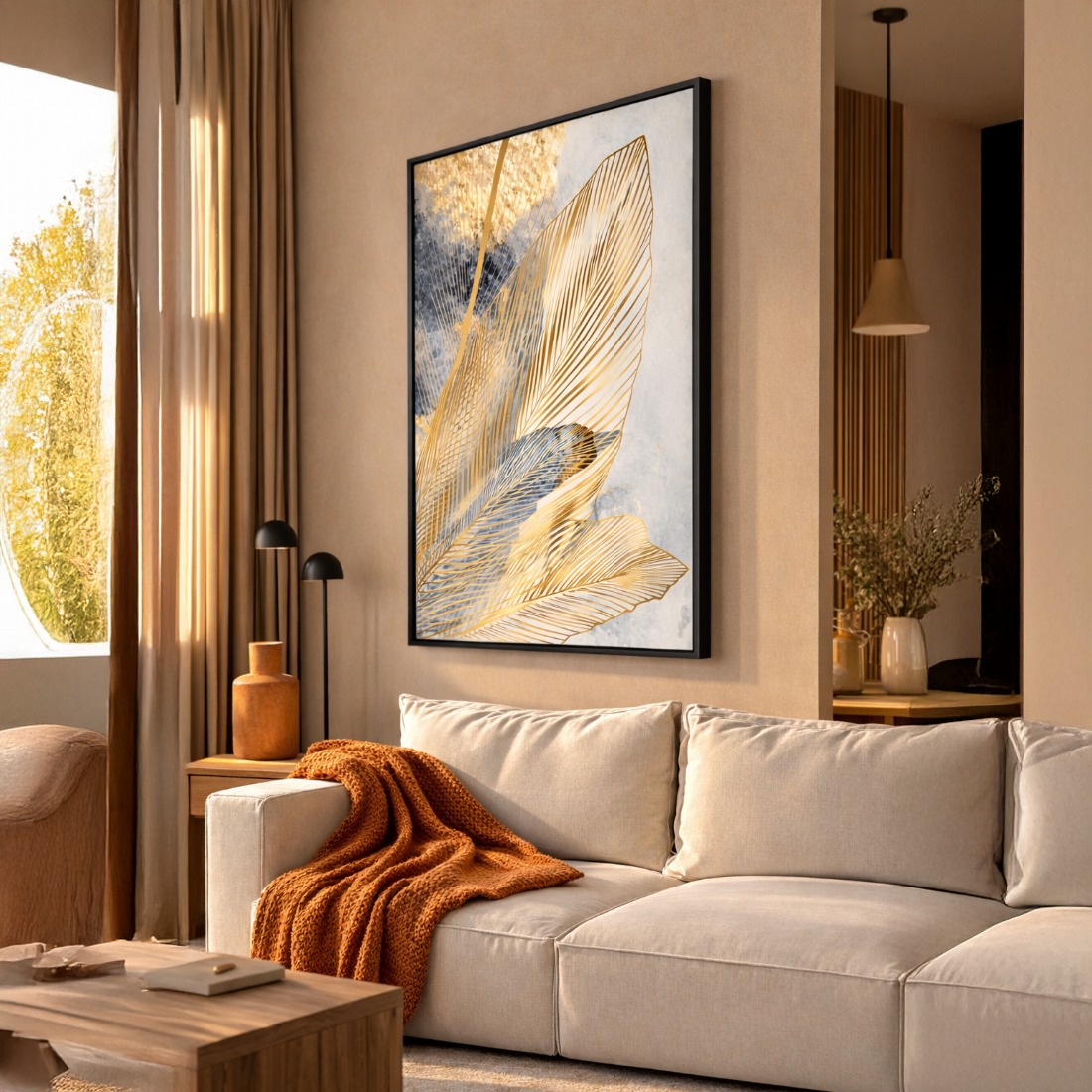 Quadro Canvas Abstrato Folhas de Bananeira Douradas