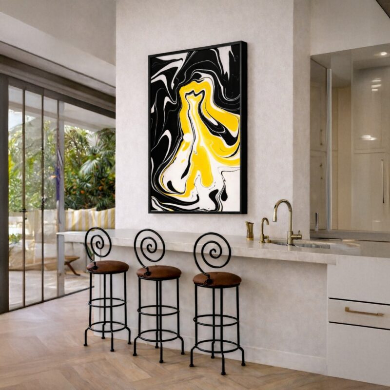 Quadro Canvas Abstrato Marmorização Líquida Amarelo e Preto