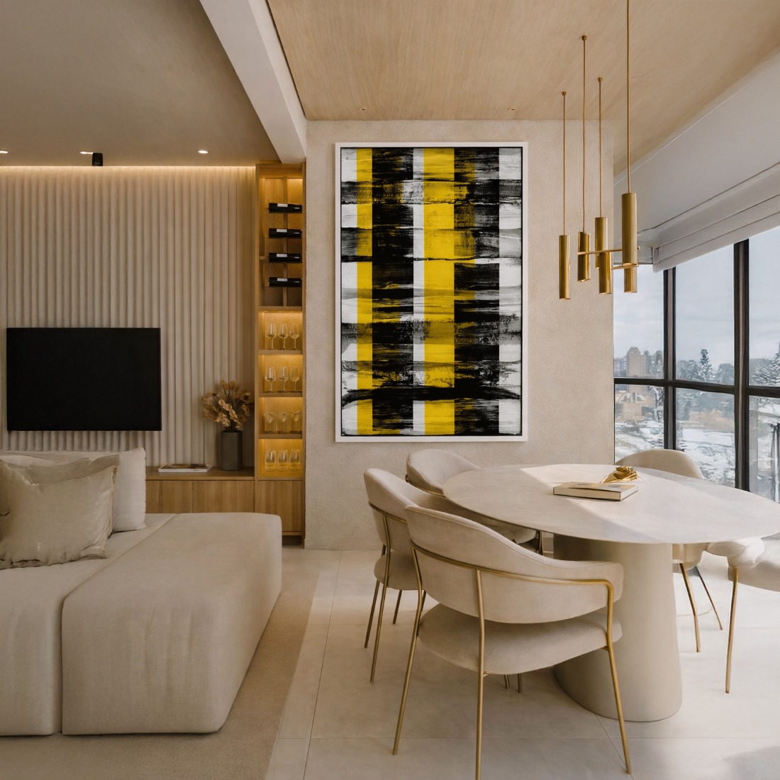 Quadro Canvas Abstrato Pincelado Amarelo e Preto