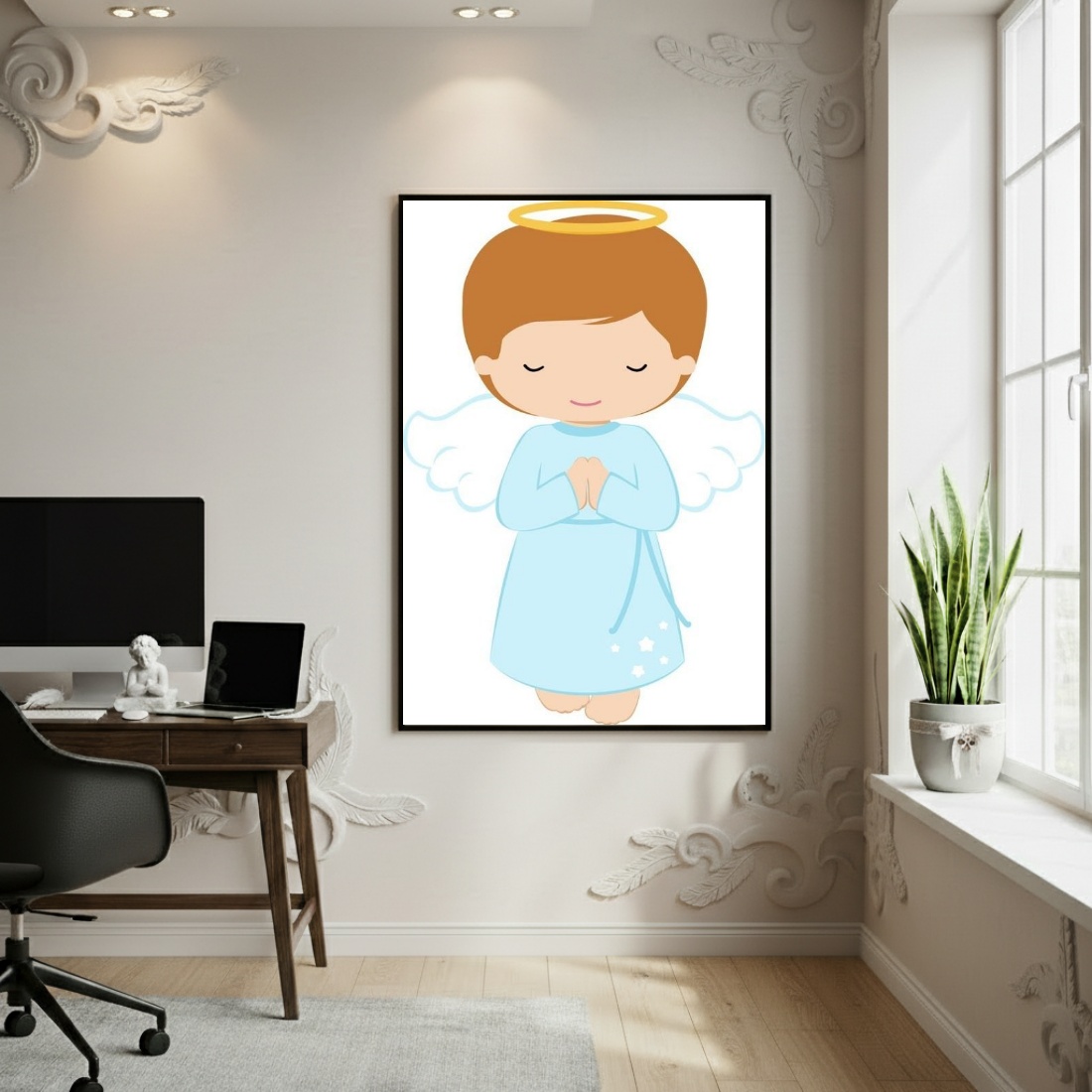 Quadro Decorativo Anjo Das Crianças Azul - 70x50cm