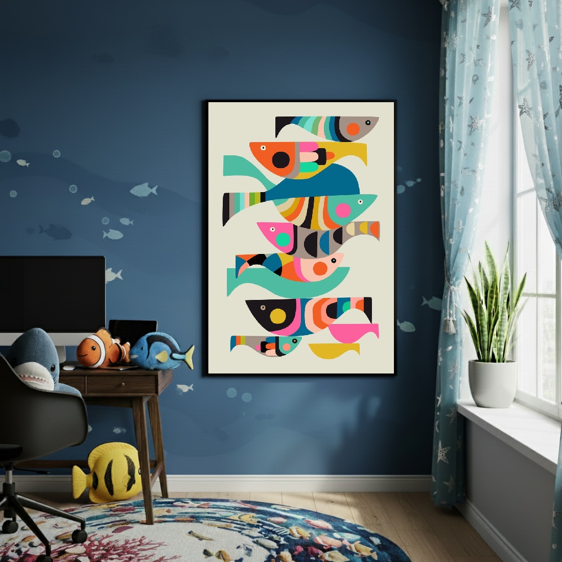 Quadro Decorativo Arte Abstrata De Peixes - 70x50cm