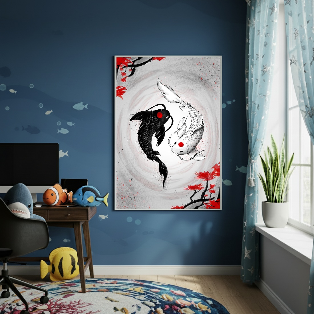 Quadro Decorativo Arte De Carpas Yin Yang - 70x50cm