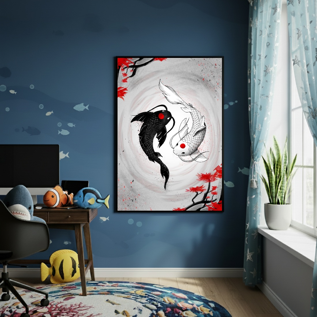 Quadro Decorativo Arte De Carpas Yin Yang - 70x50cm