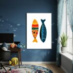 Quadro Decorativo Arte De Peixes Estampados - 70x50cm