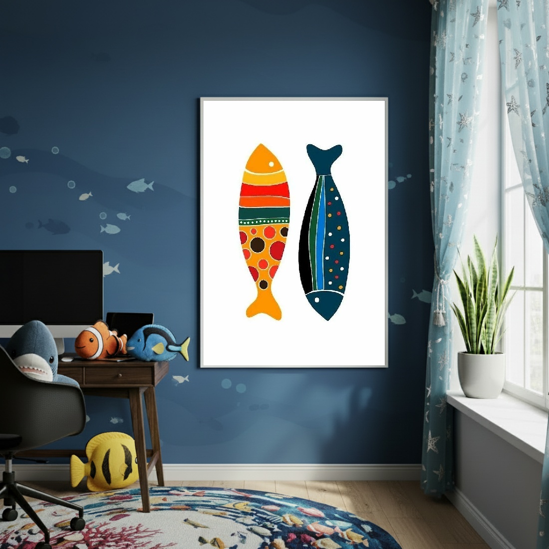Quadro Decorativo Arte De Peixes Estampados - 70x50cm