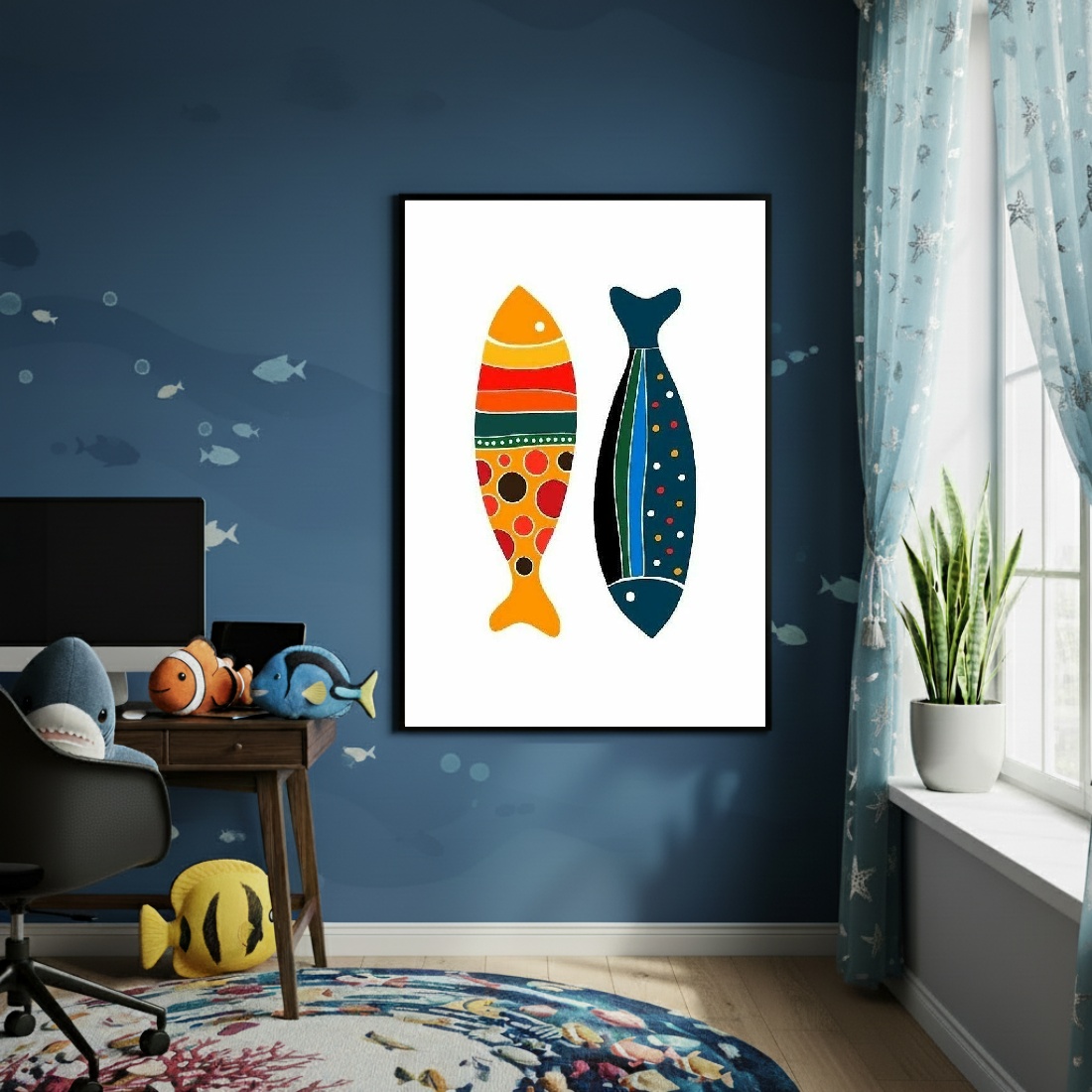 Quadro Decorativo Arte De Peixes Estampados - 70x50cm