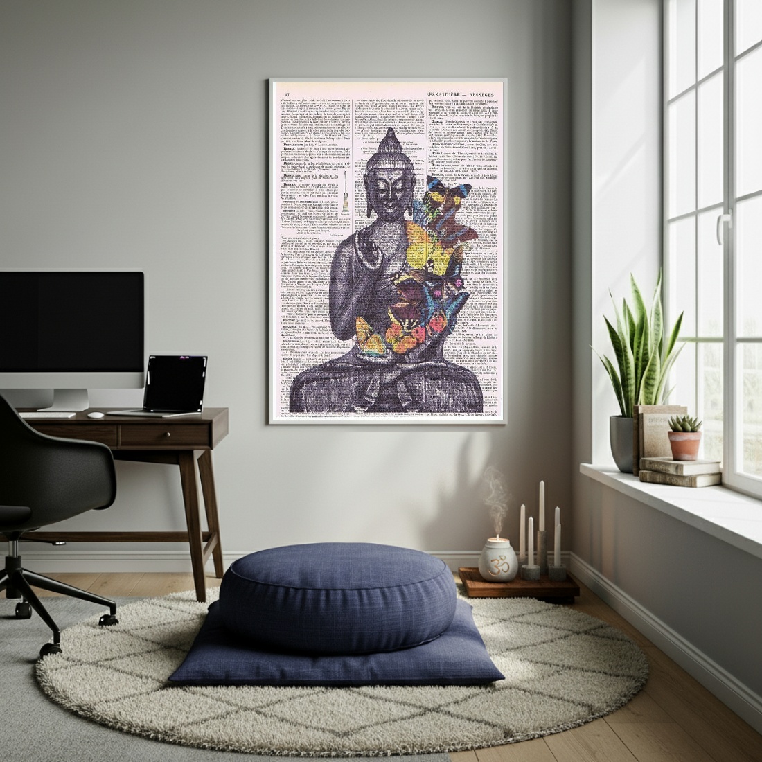 Quadro Decorativo Buda Com Borboletas - 70x50cm