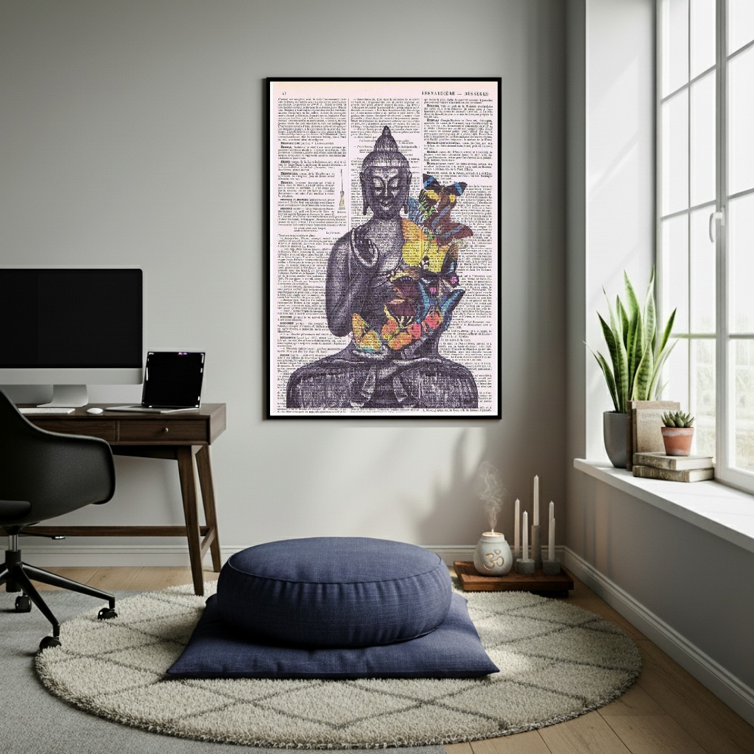 Quadro Decorativo Buda Com Borboletas - 70x50cm