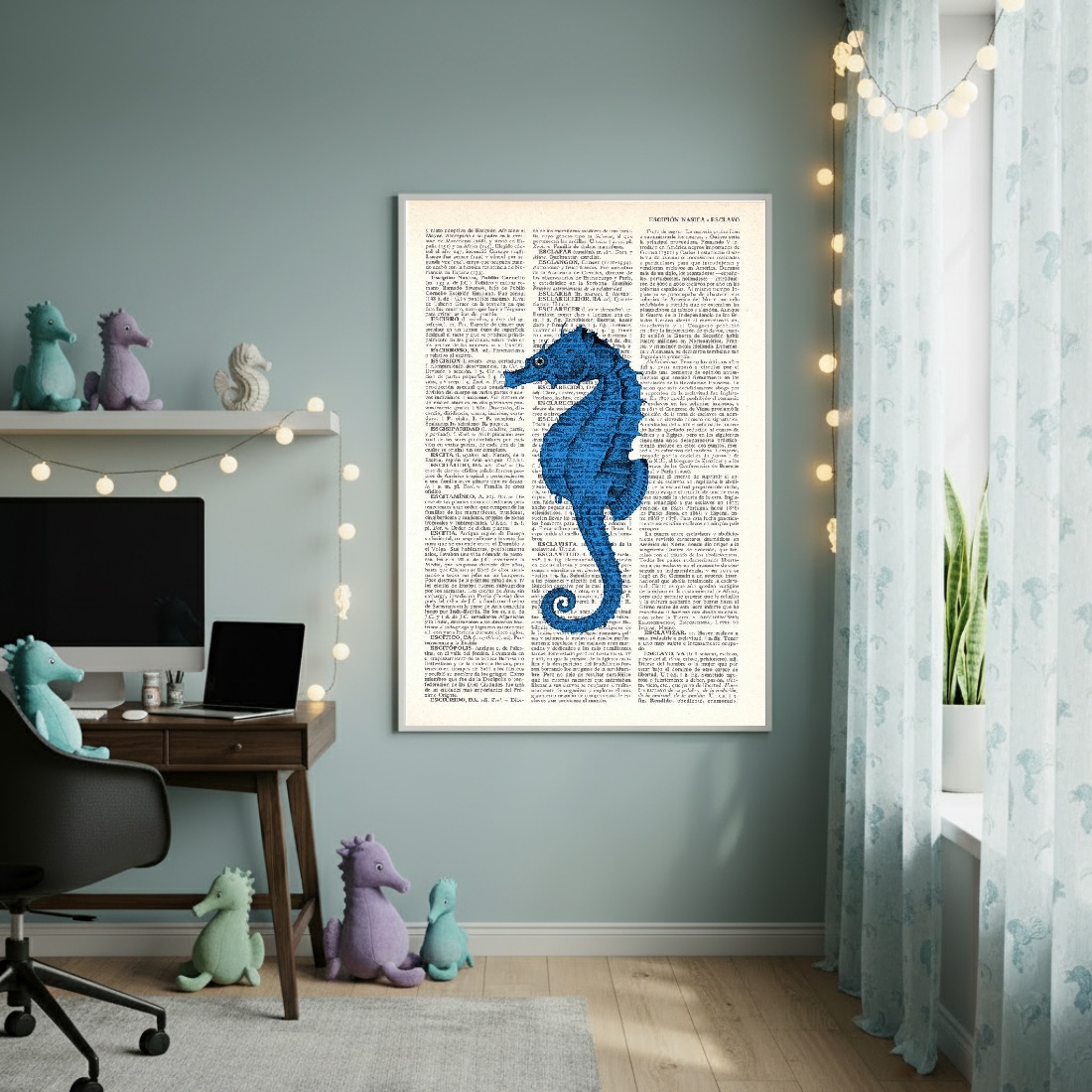 Quadro Decorativo Cavalo Marinho Azul - 70x50cm