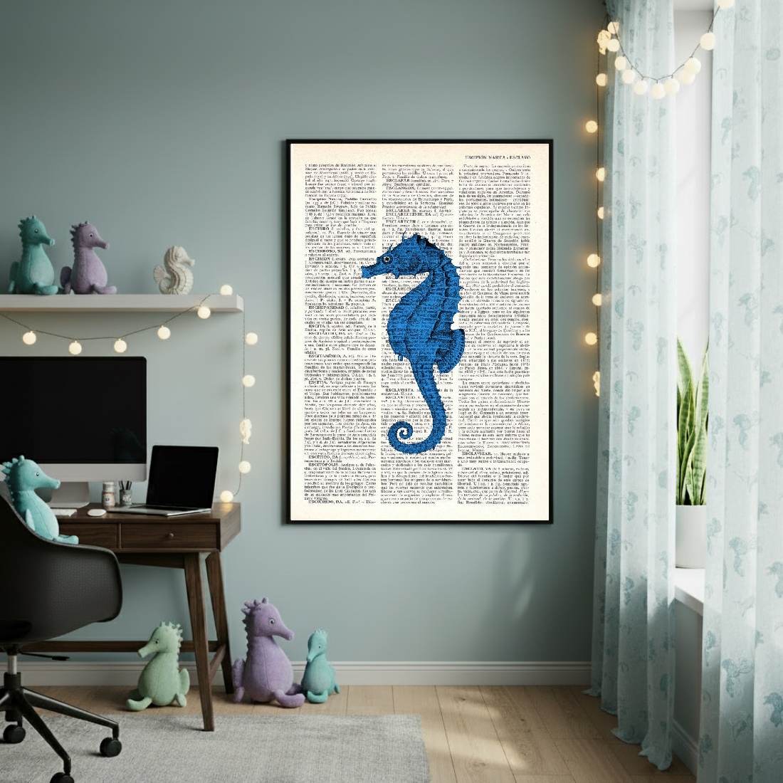 Quadro Decorativo Cavalo Marinho Azul - 70x50cm